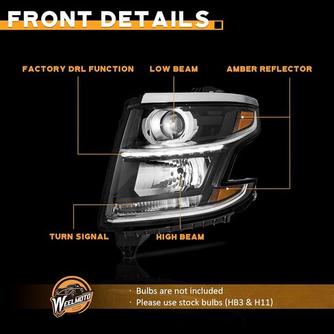 Headlights for 2015-2020 Tahoe/Suburban, 2016-2019 Chevy 3500HD Halogen Type Headlamp Chrome Housing Amber Reflector Left+Right Side in Kuwait