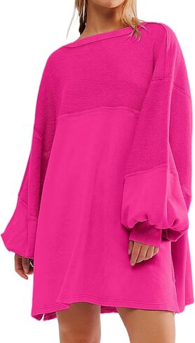 Women Oversized Long Sleeve Patchwork Sweatshirt Dress Solid Crewneck Drop Shoulder Pullover Sweatshirts Dresses Black in Saudi Arabia