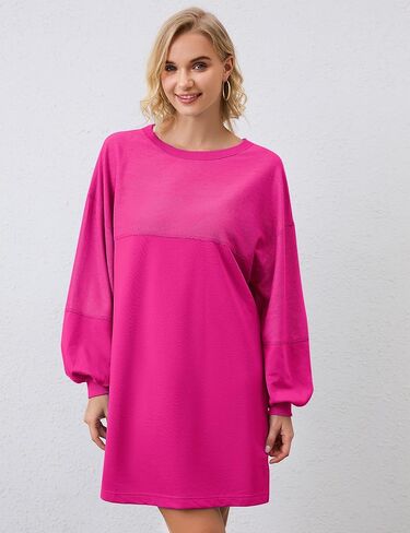 Women Oversized Long Sleeve Patchwork Sweatshirt Dress Solid Crewneck Drop Shoulder Pullover Sweatshirts Dresses Black in Saudi Arabia
