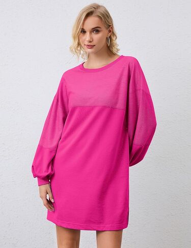 Women Oversized Long Sleeve Patchwork Sweatshirt Dress Solid Crewneck Drop Shoulder Pullover Sweatshirts Dresses Black in Saudi Arabia