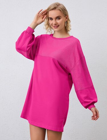 Women Oversized Long Sleeve Patchwork Sweatshirt Dress Solid Crewneck Drop Shoulder Pullover Sweatshirts Dresses Black in Saudi Arabia