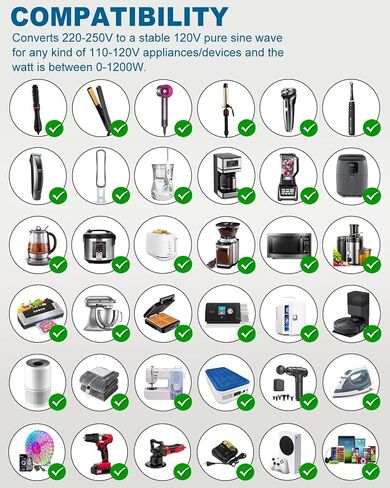 1300Watt Voltage Converter 220V to 110V for Any American Appliances Such as Hair Dryer, Straightener, Coffee Maker, Surge Protection, High Power Step Down Converter US to EU/UK/AU/Asia in Kuwait