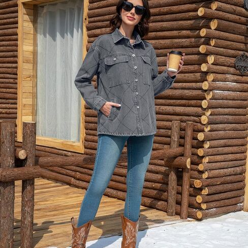 سترة نسائية من قماش الدنيم مبطنة بالصوف، معطف جينز كبير الحجم بأكمام طويلة وأزرار سفلية in Saudi Arabia
