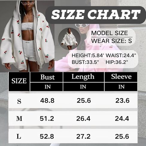 Xunger Women's Cute Cherry Hoodie Long Sleeve Zip Up Printed Jacket Oversized Warm Sweatshirt with Pocket in Saudi Arabia