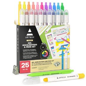 ARTEZA Gel Highlighters & Black Pens Set, Pack of 24 with Sharpener, Pastel and Neon, Smudge-Free, Office, School Supplies for Books, Planners, Bibles