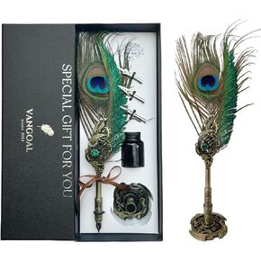 VANGOAL Peacock Feather Pen and Ink Set with Gift Box, Vintage Quill Pen for Writing, Calligraphy Pen Set for Office Supplies, Birthday, Wedding, Christmas Gift (Green - Peacock Feathers)