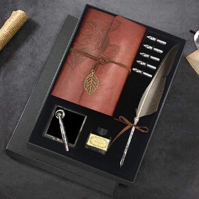 Quill Pen and Ink Set, Antique Feather Dip Calligraphy Pen Set, including Feather Pen, 5 Replacement Nibs, Pen Nib Base, Notebook, Ink, Gift Box, Best Gifts for Men Dad (Black)
