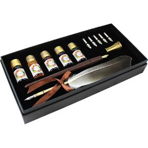 GIFTS Calligraphy Pen Set,12-Piece Kit, 5 Nib & 5 Ink Set,Writing Quill Pen,Anitque Dip Feather Pen Set (wood+feather)