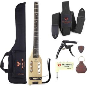 Traveler Guitar Ultra-Light Acoustic Maple Bundle | Acoustic Travel Guitar, Acoustic Guitar Strap, Guitar Capo, TGA-1A Headphone Guitar Amp, Guitar Pick and Key Fob Holder for Guitar Picks