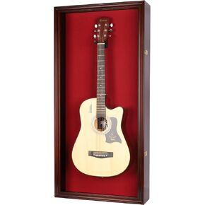 DisplayGifts 42" LARGE Acoustic Guitar Display Case Cabinet, Fit most Guitars, with Lock, Mahogany Finish (Red Background, Mahogany Finish)
