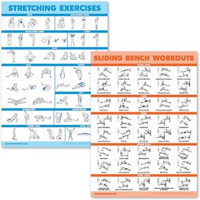 2 Pack Stretching Exercises and Sliding Bench Workout Poster Set - Compatible with Total Gym & Weider Ultimate Body Works [LIGHT]