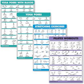 4 Pack - Yoga Block Poses + Pilates Exercise + Yoga Poses Positions + Stretching Posters - Set of Four Fitness Charts