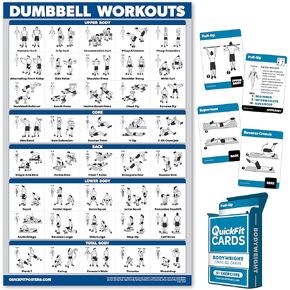 QuickFit 2 Pack - Dumbbell Workout Poster - Laminated 18" x 27" & Bodyweight Exercise Card Set - 2.5" x 3.5"
