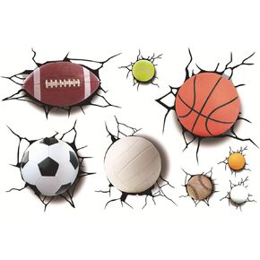 3D Sport Balls Wall Sticker Cracked Wall Sticker for Kids Living Room Decoration Detachable Wall Stickers Including Football, Basketball, Volleyball, Rugby, Tennis, Snooker, Bowling, Baseball
