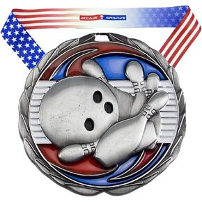 Decade Awards Bowling Color Medal - 2.5 Inch Wide Tournament Medallion with Stars and Stripes American Flag V Neck Ribbon