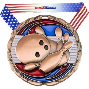 Decade Awards Bowling Color Medal - 2.5 Inch Wide Tournament Medallion with Stars and Stripes American Flag V Neck Ribbon in Kuwait