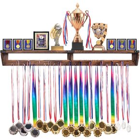 LAVIEVERT Gymnastic Medal Hanger with Storage Shelf, Wooden Wall-Mounted Trophy Shelf, Race Medal Display Rack Holder with 23 Hanging Bars