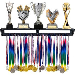 LAVIEVERT Gymnastic Medal Hanger with Storage Shelf, Wooden Wall-Mounted Trophy Shelf, Race Medal Display Rack Holder with 23 Hanging Bars