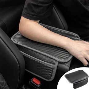 Amiss Auto Center Console Pad, Carbon Fiber PU Leather Armrest Storage Box Cover with Pockets Storage Bag, Car Interior Accessories, Universal Car Armrest Cushion for Most Vehicle, SUV, Truck (Black)