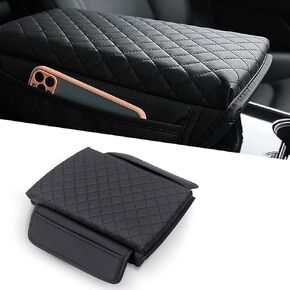 Pack-1 Car Center Console Pad for Model 3 Model Y, PU Leather Armrest Box Cushion with Pockets Design, Waterproof Center Console Pad Cover, Car Armrest Seat Box Protector (Upgrade Black)