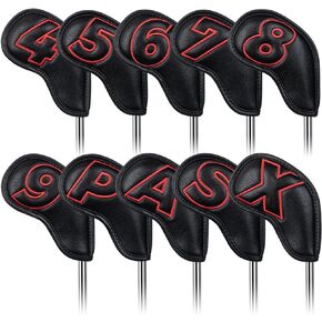10pcs Red No. on Both Sides Magnetic Closure Classic Black Leather Iron Headcover Covers Set Travel Cases