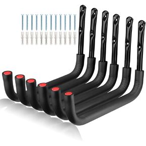 6 Pack Kayak Storage Hooks, 15.5 Inch Wall Mount Canoe Hangers, Heavy Duty Snowboard Storage Rack Holds Up to 100lbs, Black+Red, 15.5Inches x 10.5''