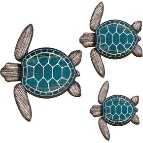 3 Sizes Sea Turtle Canvas Wall Decor Wood Ocean Beach Theme Art Decorations Hanging Turtle Sea Life Wall Art for Indoor Outdoor Bathroom Office (Dark Blue)