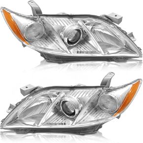 AS 2007 2008 2009 Toyota Camry Headlight Assembly Headlamps for 07 08 09 Camry Exclude Hybrid Projector Left and Right Pair - Chrome Housing Clear Lens