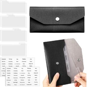 11 Pieces Cash Envelope Wallet PU Leather Cash Envelopes Cash Wallet Reusable Budget Envelope Cash Dividers for Wallets with Cash Envelope Tab Stickers for Bill Planner (Black Wallet)