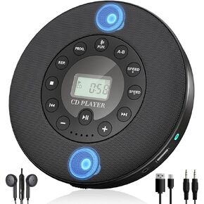 Lukasa Portable Bluetooth CD Player Built-in Speaker Stereo, Personal Walkman MP3 Players Rechargeable Compact Car Disc CD Music Player USB Play Anti-Shock Protection (Black)