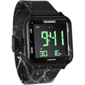 TEKMAGIC 100m Waterproof Luminous Scuba Diving Watch with Stainless Steel Watch Strap, Support Stopwatch, Alarm Clock and Backlight Functions, Dual Time Display, 12/24 Hour Format