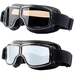Motorcycle Goggles,2 Pack Vintage Anti Fog Pilot PU Leather Glasses Dustproof ATV Off Road Motorbike Helmet Eyewear Protect for Ridding Motorcross Classes Aviator Goggles for Men Women Adult