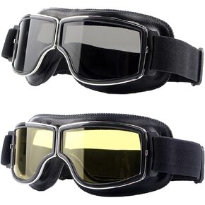 Motorcycle Goggles,2 Pack Vintage Anti Fog Pilot PU Leather Glasses Dustproof ATV Off Road Motorbike Helmet Eyewear Protect for Ridding Motorcross Classes Aviator Goggles for Men Women Adult
