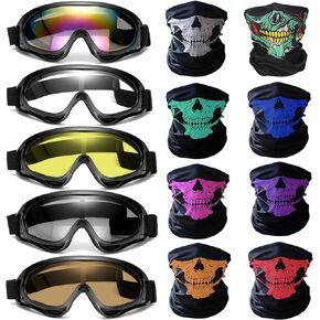 immoono Motorcycle Accessories, 5 Dirt Bike ATV Ski Goggles Dustproof Windproof Safety Glasses with 8 Skull Face Mask