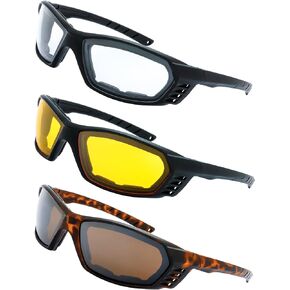 3 Pairs Motorcycle Riding Glasses Padded Frame Lens Block 100% UVB/UVB for Outdoor Activity Sport (6-Matte Black/Tortoise, Clear, Yellow, & Brown)