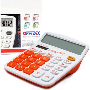 OFFIDIX آلة حاسبة مكتبية ذات 12 رقمًا كبيرة بشاشة LCD كبيرة الحجم، آلة حاسبة مكتبية لسطح المكتب، آلة حاسبة إلكترونية مزدوجة الطاقة (برتقالية)