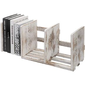 MyGift Rustic Expandable Whitewashed Wood Desktop Bookshelf/Adjustable Tabletop Book Holder Organizer Rack