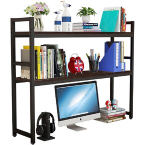 2-Tier Multipurpose Solid Wood Desktop Hutch Shelf 35.5 Inch Length for Computer Desk, Adjustable Display Shelf Rack Organizer for Office Supplies Organizer, Home Decor-Brown