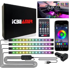 ICBEAMER RGB Interior Car Lights - Interior LED Strip Smart Phone Control APP Color Floor Matt Light w/Sound Active Function Atmosphere Under Dash/Seat Car Charger DC 12V Lighting Kit