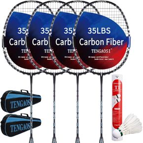 TENGAOSI Professional Badminton Rackets Set of 4 Sports Outdoor Backyard or Indoor Badminton Game Set with Shuttlecocks- Includes 4 Black Rackets