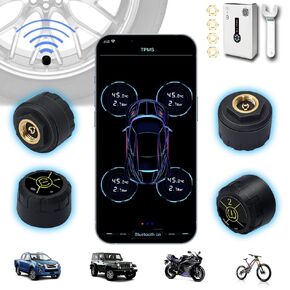 TPMS Tire Pressure Monitor System Wireless Tire Pressure Sensor Real-time Bluetooth Wireless Temperature Tire Monitor for Cars,Bikes,Motors,Support iOS&Android,4 External Sensors TPMS Sensor Kit