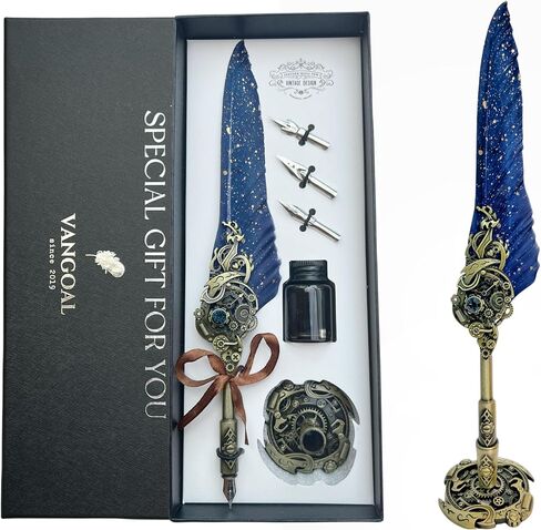 VANGOAL Peacock Feather Pen and Ink Set with Gift Box, Vintage Quill Pen for Writing, Calligraphy Pen Set for Office Supplies, Birthday, Wedding, Christmas Gift (Green - Peacock Feathers) in Kuwait