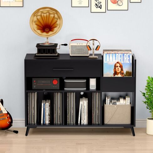 حامل مشغل تسجيلات كبير مع مساحة تخزين من الفينيل، طاولة مشغل تسجيلات مع مخزن تسجيلات، خزانة تخزين تسجيلات الفينيل، يمكن استخدامها أيضًا كحامل تلفزيون، طاولة مشغل تسجيلات تحمل ما يصل إلى 350 ألبومًا in Kuwait