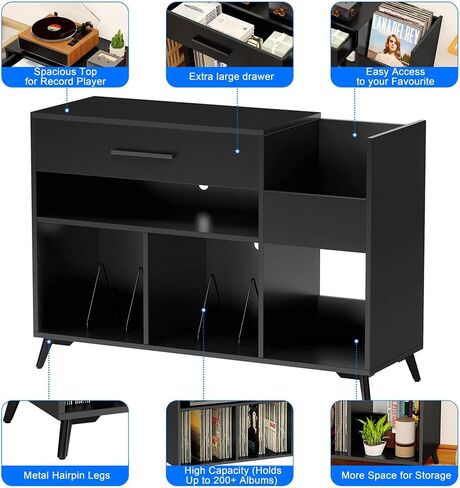 حامل مشغل تسجيلات كبير مع مساحة تخزين من الفينيل، طاولة مشغل تسجيلات مع مخزن تسجيلات، خزانة تخزين تسجيلات الفينيل، يمكن استخدامها أيضًا كحامل تلفزيون، طاولة مشغل تسجيلات تحمل ما يصل إلى 350 ألبومًا in Kuwait