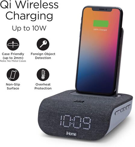 iHome Alarm Clock with Wireless Charging, USB Charging, and Bluetooth Speaker, Digital Alarm Clock for Bedroom, Home Office, or Dorm (IBTW20BX) in Kuwait