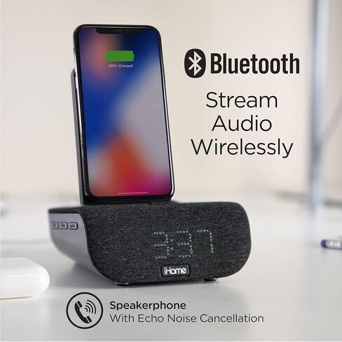 iHome Alarm Clock with Wireless Charging, USB Charging, and Bluetooth Speaker, Digital Alarm Clock for Bedroom, Home Office, or Dorm (IBTW20BX) in Kuwait
