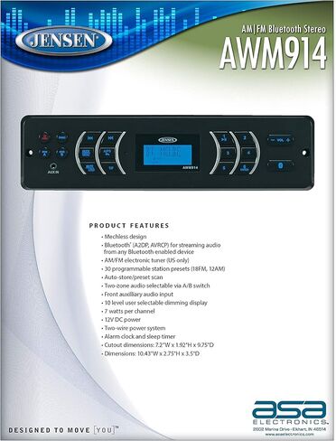 نظام الصوت المحمول Jensen AWM914، 4 × 6 واط لكل مخرج قناة، عناصر تحكم وشاشة بإضاءة خلفية، موالف AM/FM إلكتروني (الولايات المتحدة فقط)، ساعة الوقت/المنبه، مدخل صوت Aux أمامي، 4 مخرج مكبرات صوت (متجدد) in Kuwait