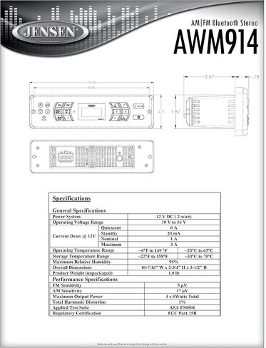 نظام الصوت المحمول Jensen AWM914، 4 × 6 واط لكل مخرج قناة، عناصر تحكم وشاشة بإضاءة خلفية، موالف AM/FM إلكتروني (الولايات المتحدة فقط)، ساعة الوقت/المنبه، مدخل صوت Aux أمامي، 4 مخرج مكبرات صوت (متجدد) in Kuwait