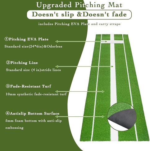 Umisu Softball Pitching Mat 10' x 3',Portable Softball Pitching Rubber Mound,Softball Pitching Aids for Indoor Outdoor Pitching Practice by Softball with Pitching Pad Anti-Fade Anti-Slip Pitch-Green in Kuwait