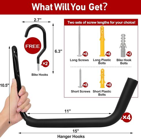 ترقية 15 بوصة الثقيلة المرآب داخلي قوارب الكاياك، 4 حزمة الشماعات زورق تخزين المرآب سعة 120LB، السنانير شماعات الزورق لتعليق ألواح ركوب الأمواج زورق سلالم كراسي الشاطئ دراجات الخشب in Kuwait